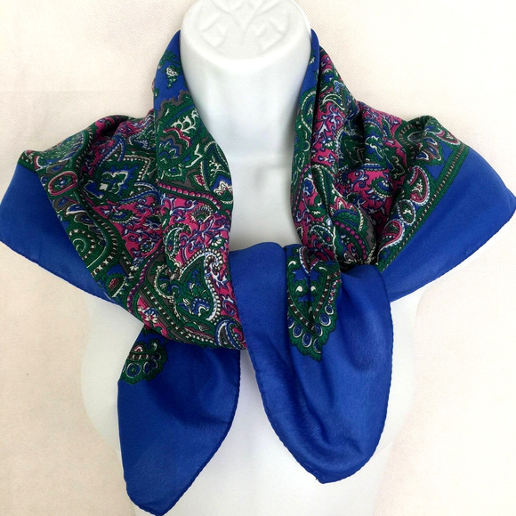 Laura Borghese Italy Designer Colorful Paisley Square Scarf Blue Green Pink Vtg - Picture 5 of 9